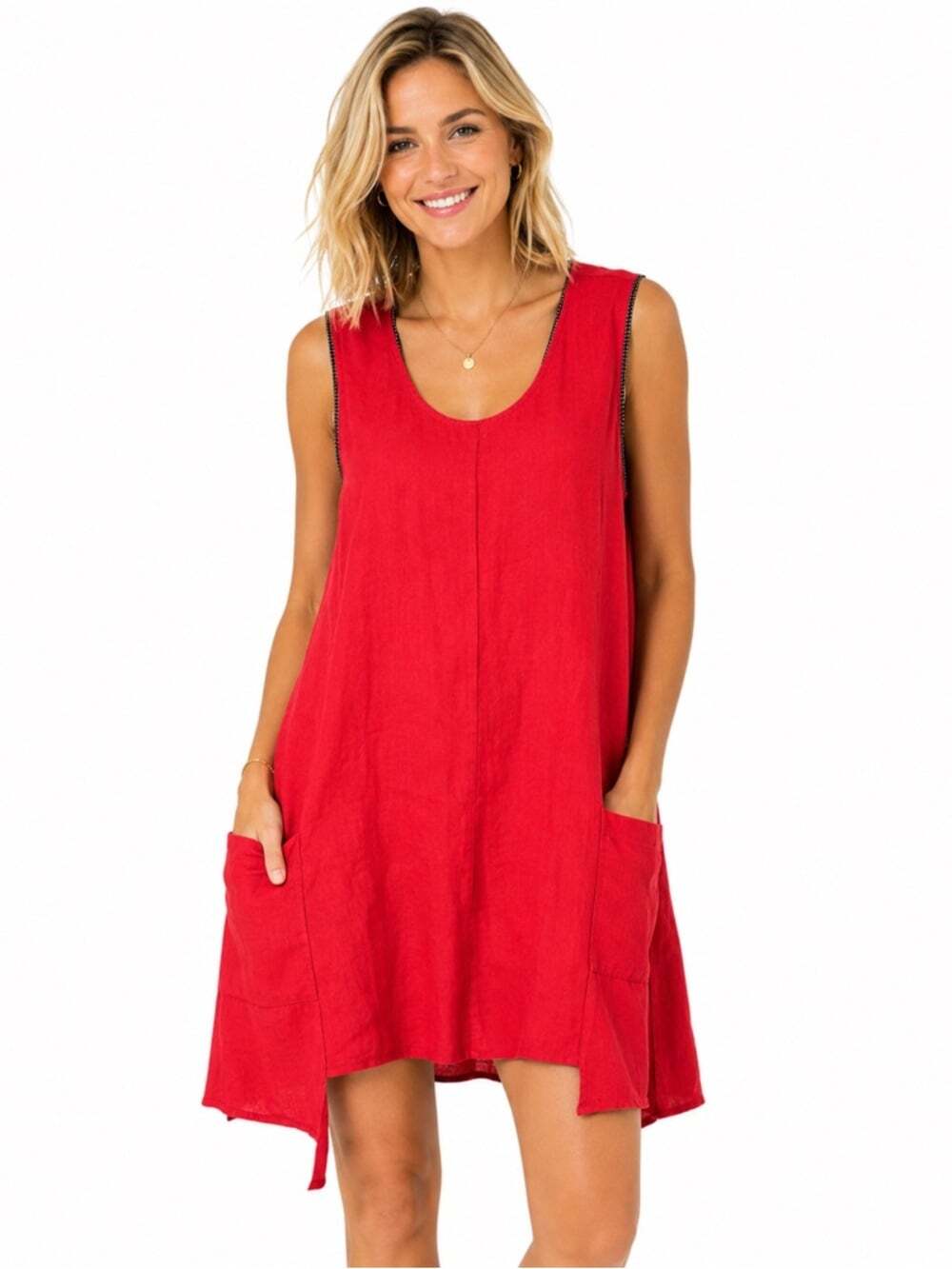 Louise Bean Red Sleeveless Scoop Neck Dress Large Pockets Relaxed Casual Shift